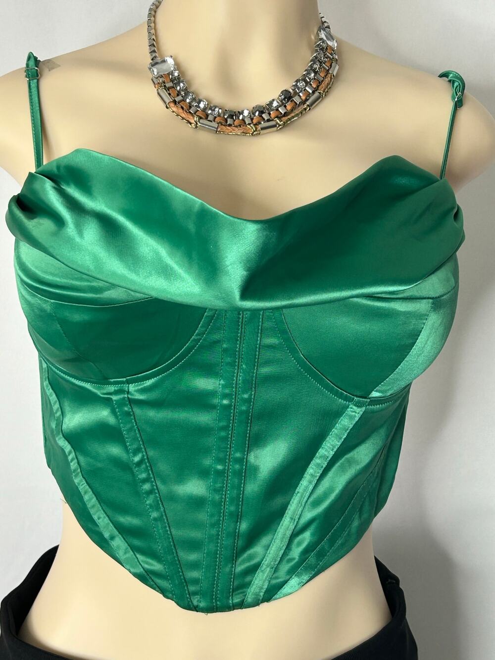 Emerald Green Satin Corset Top Bustier Cowl Neck Y2K Party Going Out M